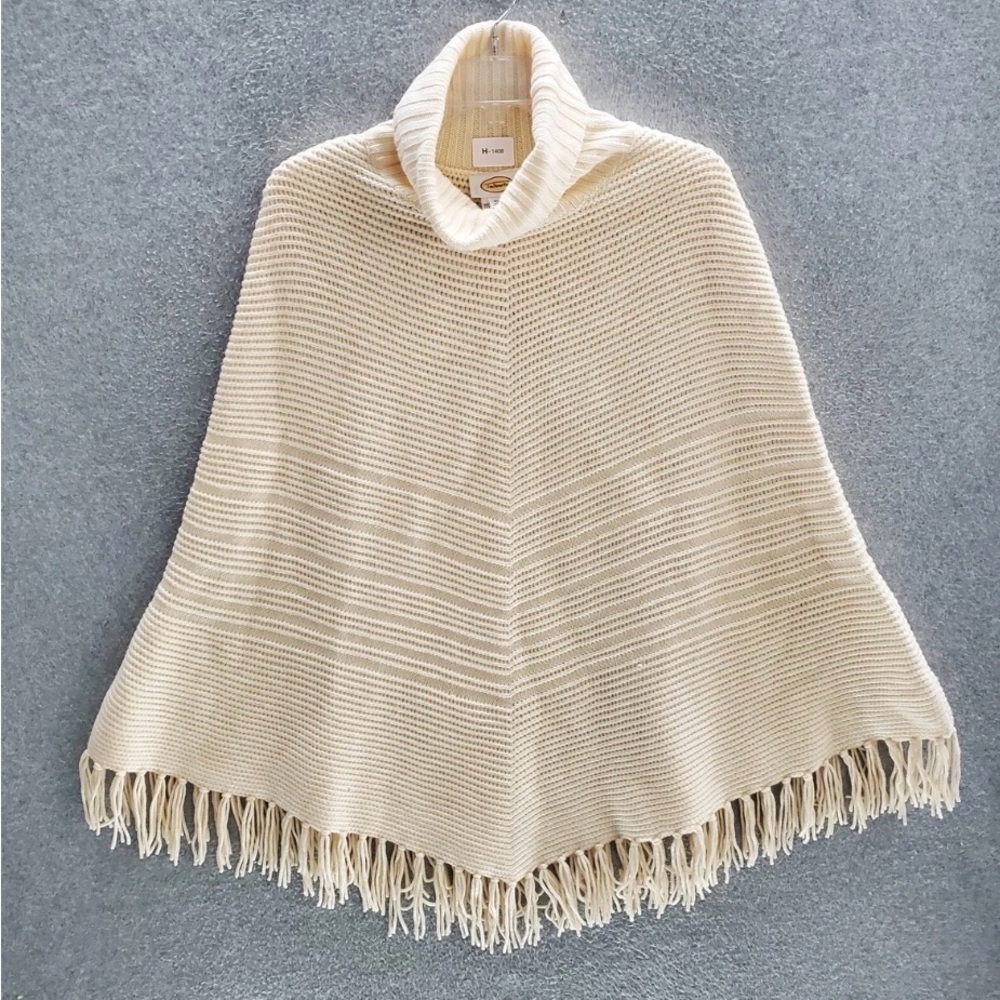 Vintage Talbots Cream Knit 100% Wool Poncho Cape Turtleneck with Fringe